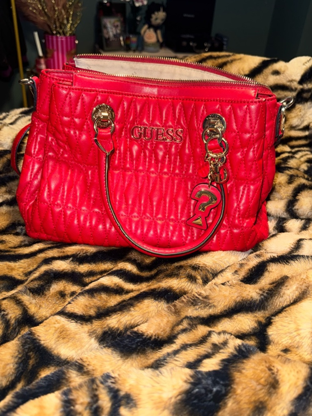 Guess Quilted Red Satchel with Gold Hardware